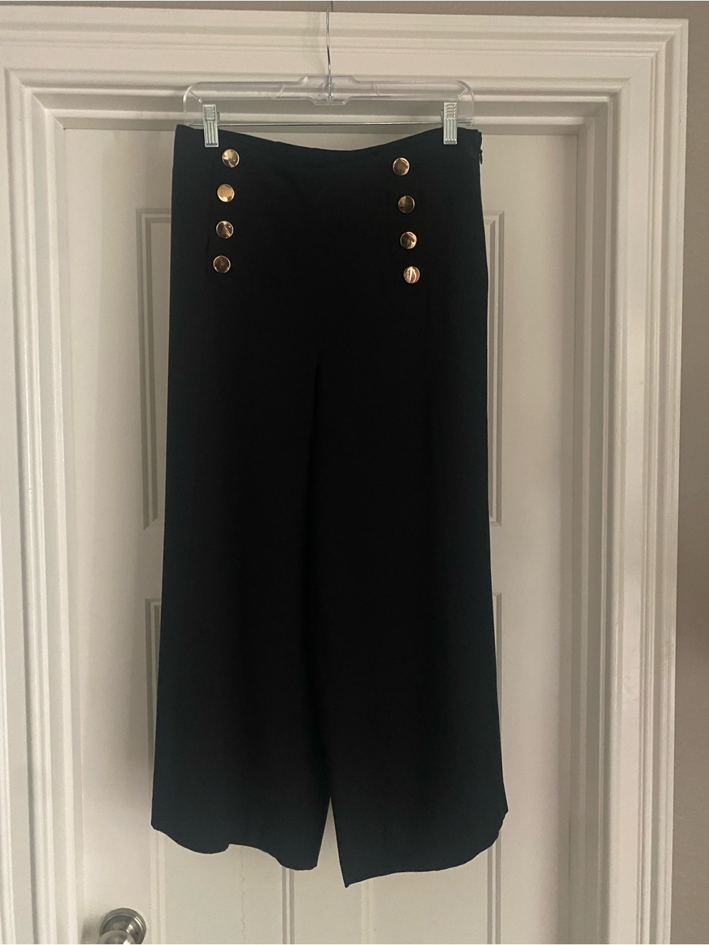 LOFT Black Wide-Leg Pant with Gold Button Accents